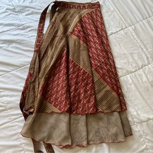 Vintage Silk Sari Wrap Skirt Ankle Length Red, Tan, Taupe